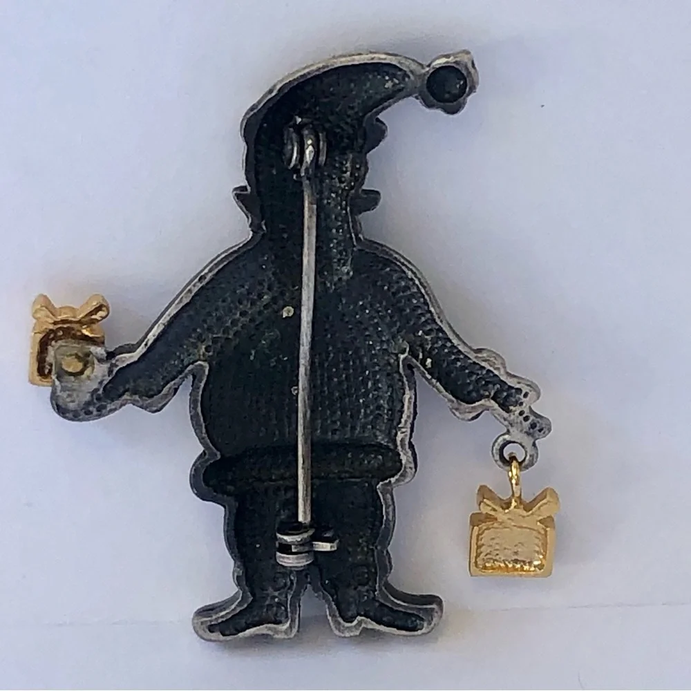 Vintage Pewter Santa Brooch Gold dangling Gifts Christmas holiday